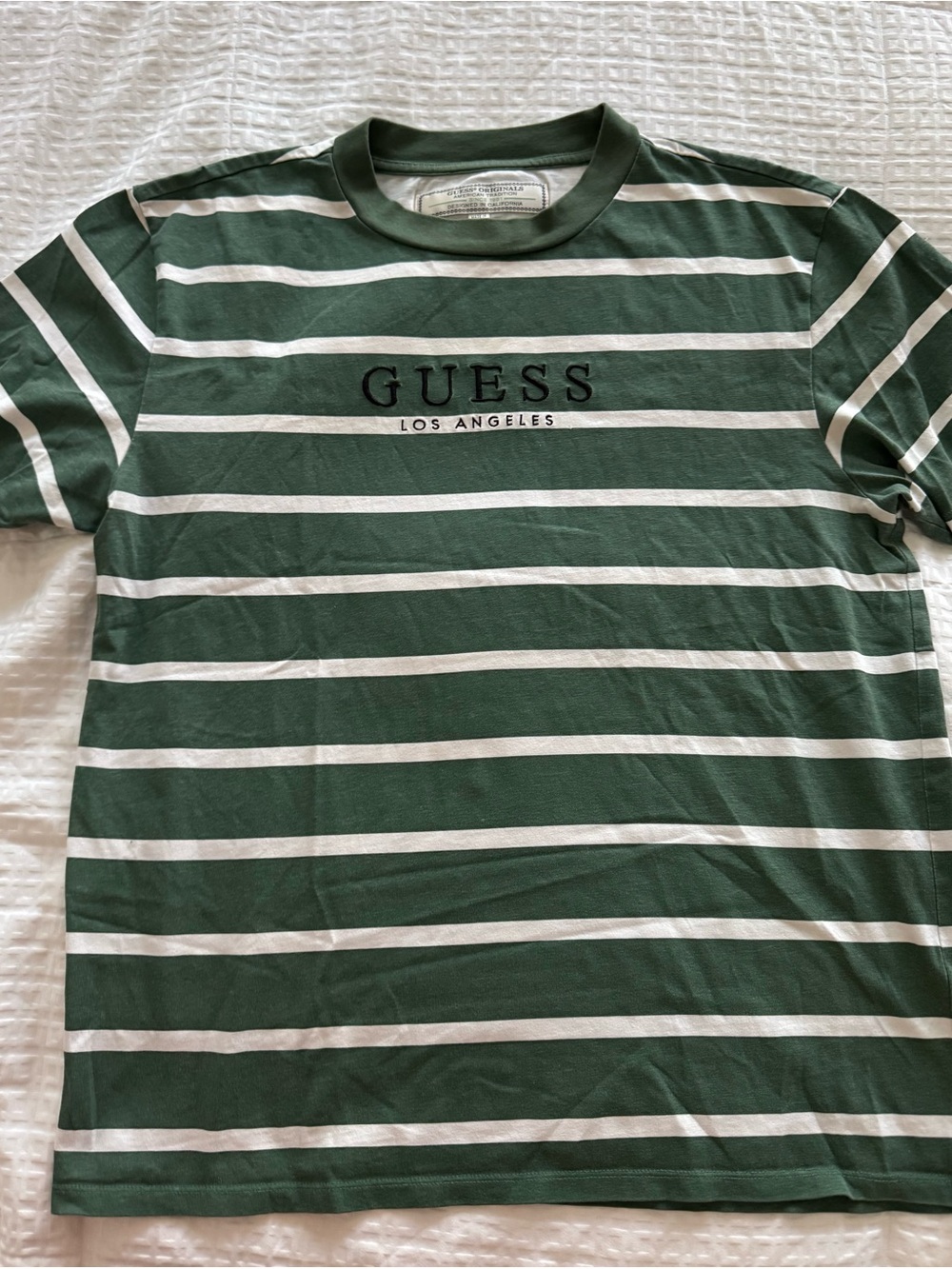 GUESS Los Angeles Green and White Striped Crew Neck Tee